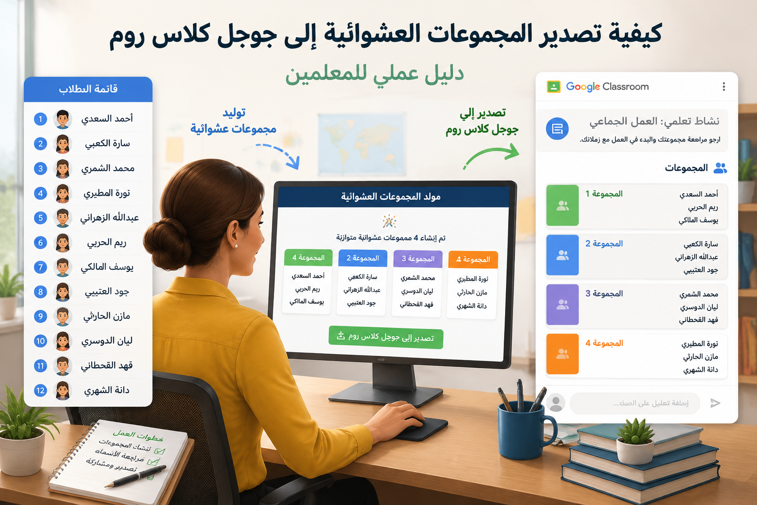 Illustration showing a teacher at a computer, a list of student names on one side and a Google Classroom assignment with group lists on the other, bright classroom-friendly colors