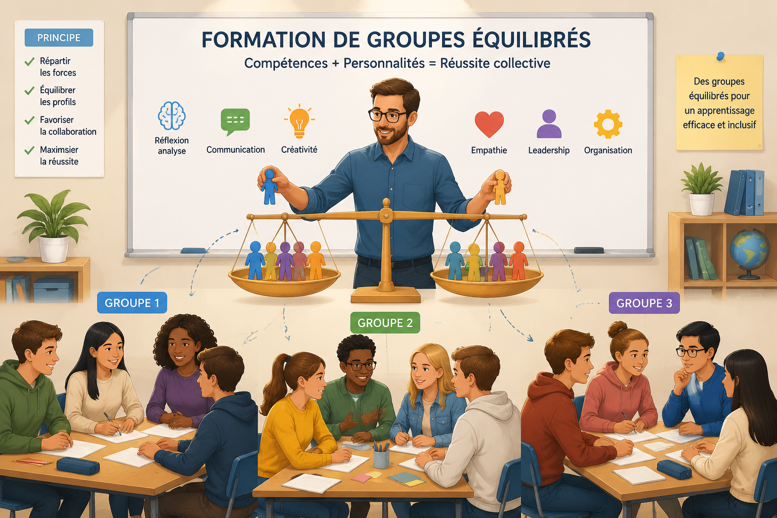 Illustration montrant un enseignant qui répartit des élèves en groupes avec une balance symbolisant l'équilibre des compétences et des personnalités.