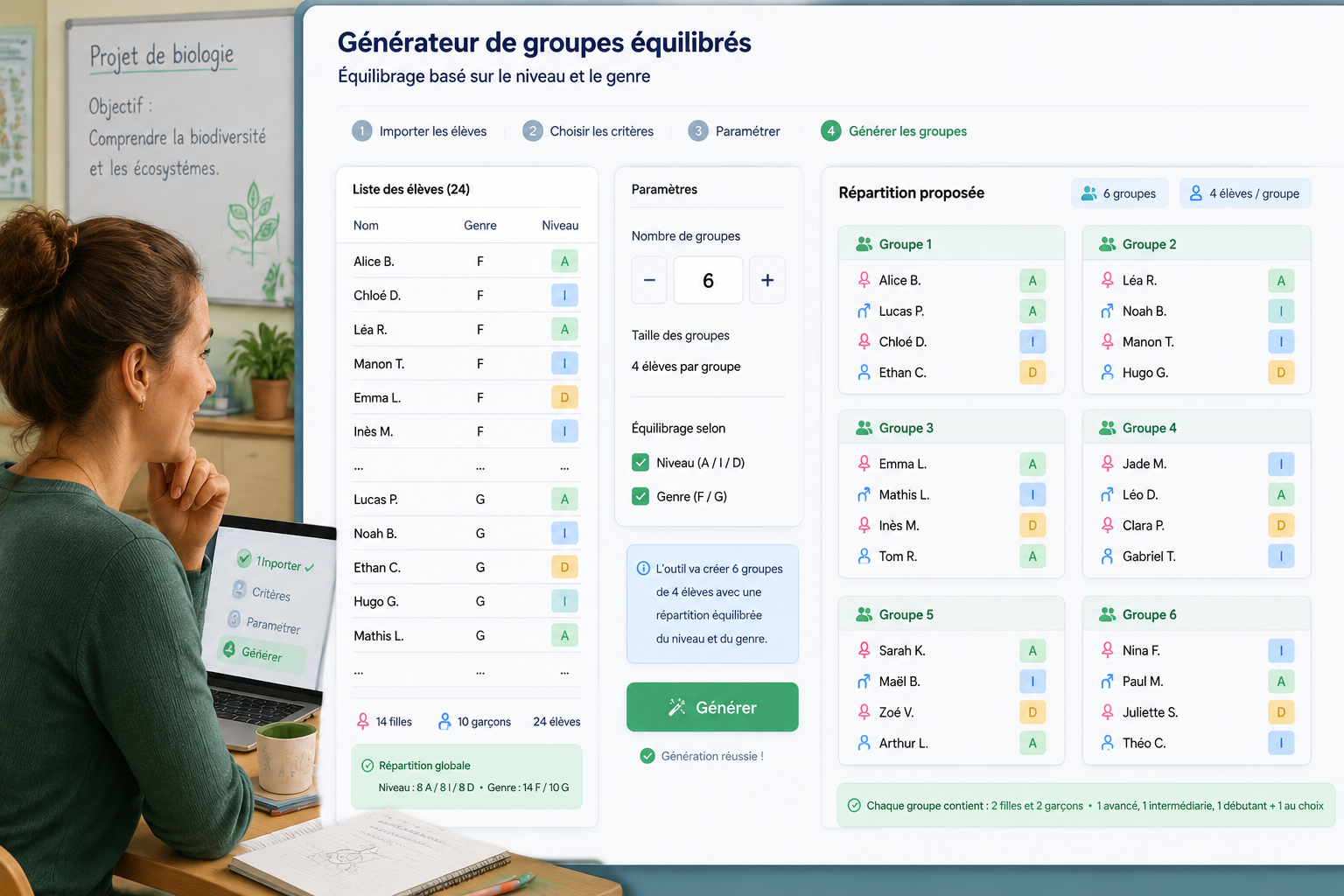 Interface conceptuelle épurée montrant une liste d'élèves avec des colonnes de niveau et de genre, un sélecteur de nombre de groupes, et un bouton Générer produisant une répartition équilibrée.