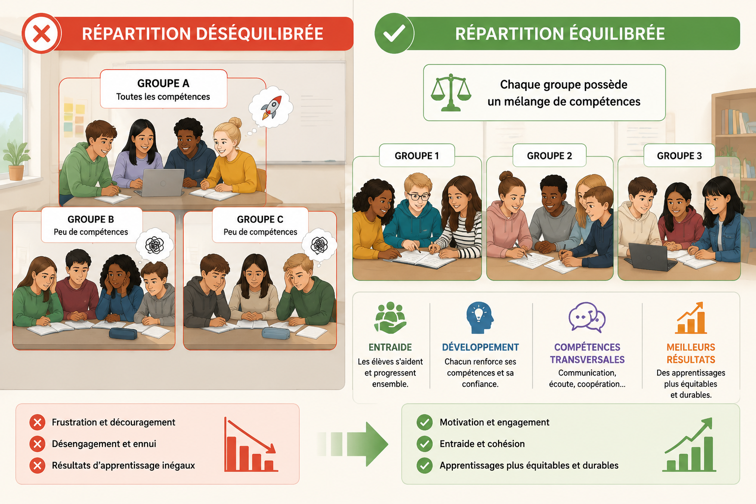 Schéma comparant deux situations : une répartition déséquilibrée où un groupe cumule toutes les compétences et les autres en manquent, et une répartition équilibrée où chaque groupe possède un mélange comparable.