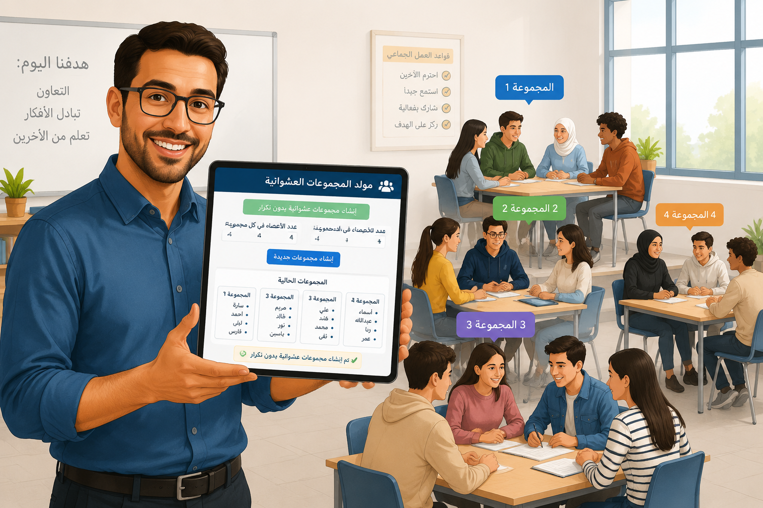 An illustration of a teacher smiling while holding a tablet showing a random group generator screen, with diverse students in the background being grouped.