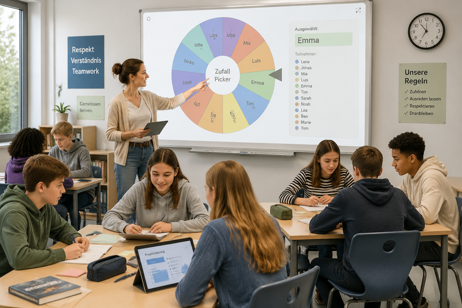 Eine Lehrerin mit Tablet zeigt auf einen von der App ausgewählten Schülernamen, während die Klasse in Projektarbeit vertieft ist.
