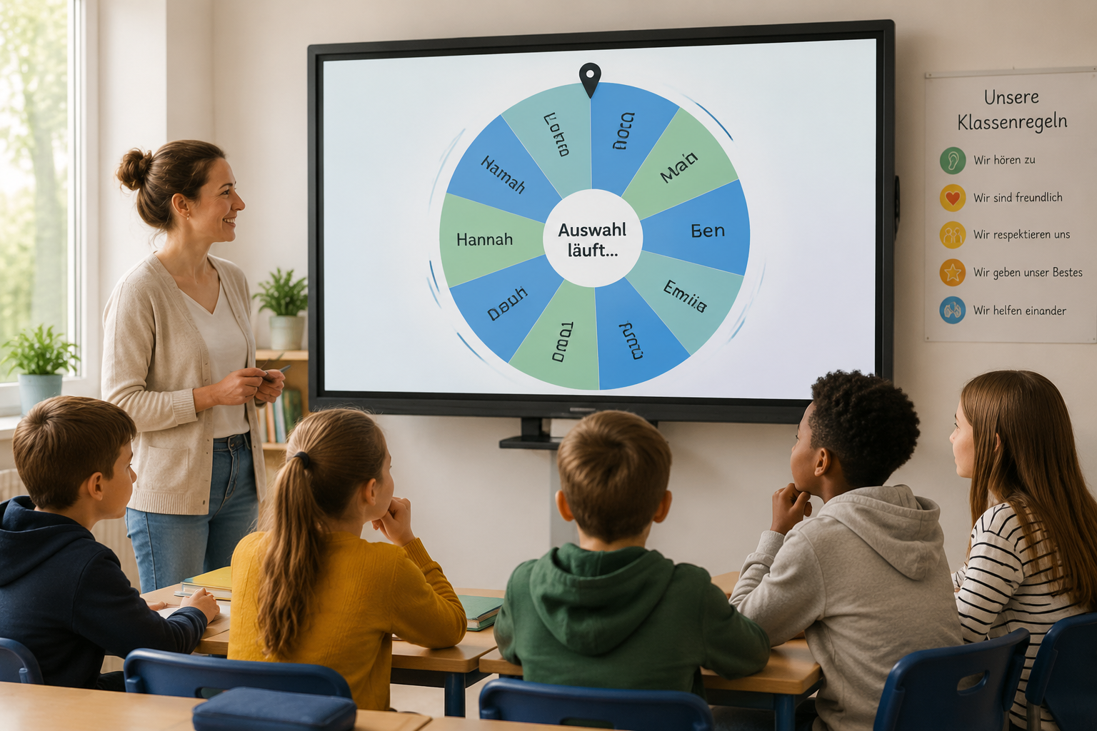 Eine digitale Tafel zeigt eine sich drehende Scheibe mit Schülernamen; eine Lehrkraft und Kinder schauen erwartungsvoll zu.