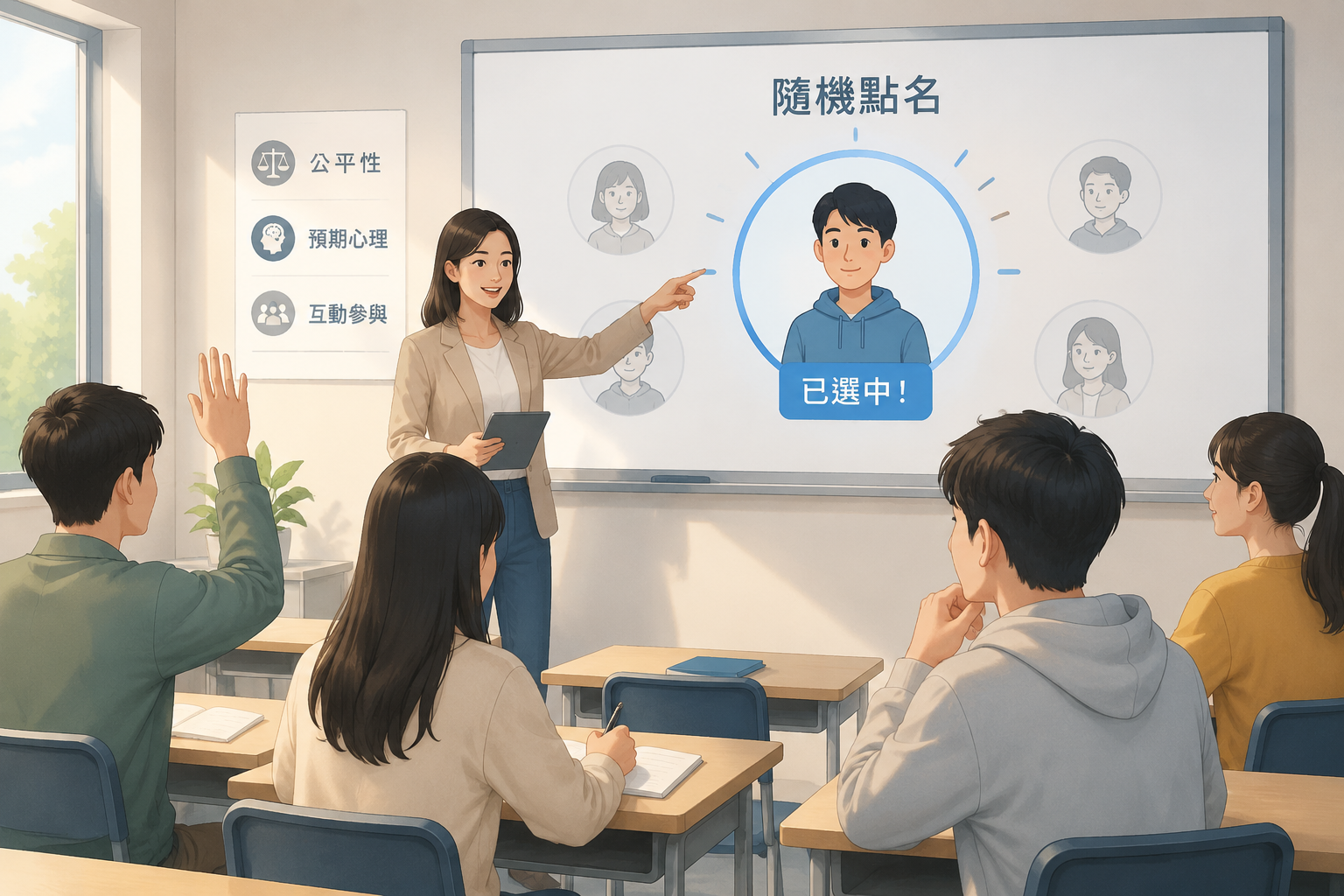 editorial article hero illustration about 為什麼課堂需要隨機點名工具?, locale zh-tw, soft light, minimal text, clear subject, web article image