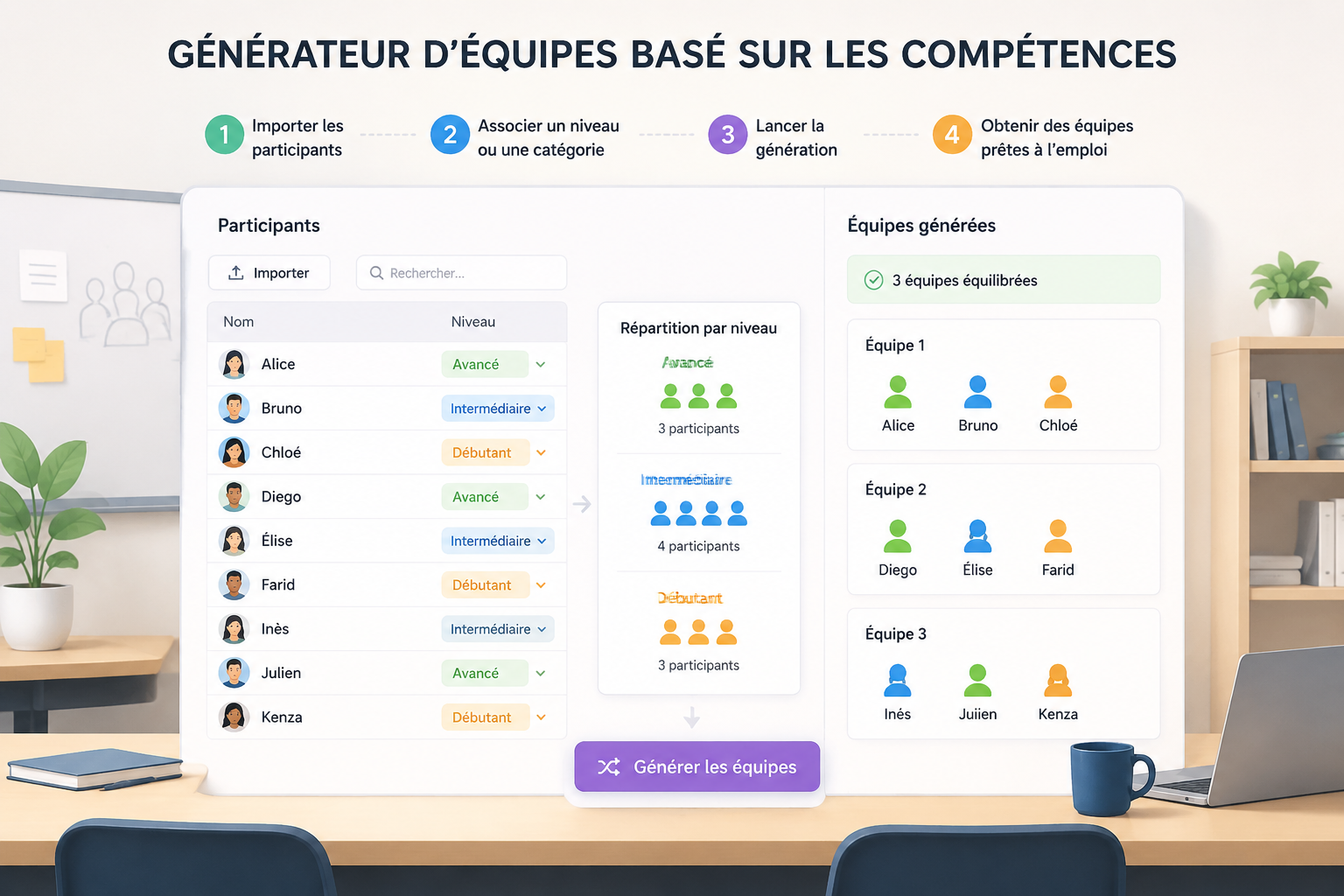 Interface simplifiée montrant un outil de génération de groupes avec des participants classés par niveaux