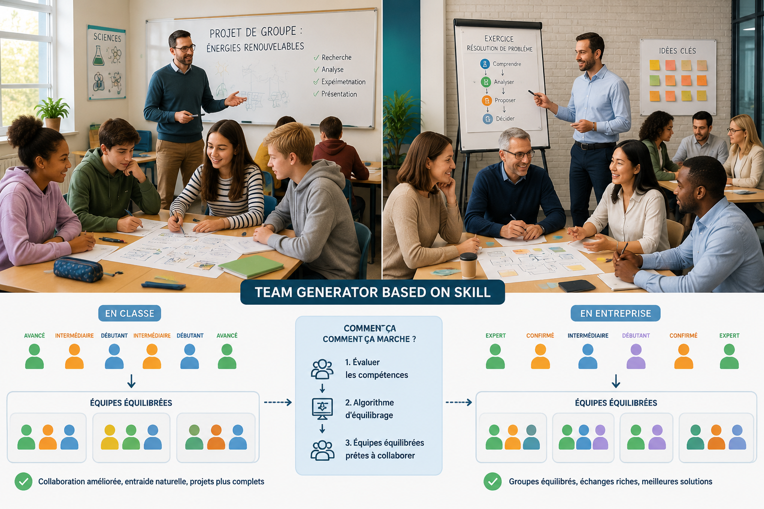 Scène d’atelier professionnel avec plusieurs équipes collaborant autour de documents et d’un tableau