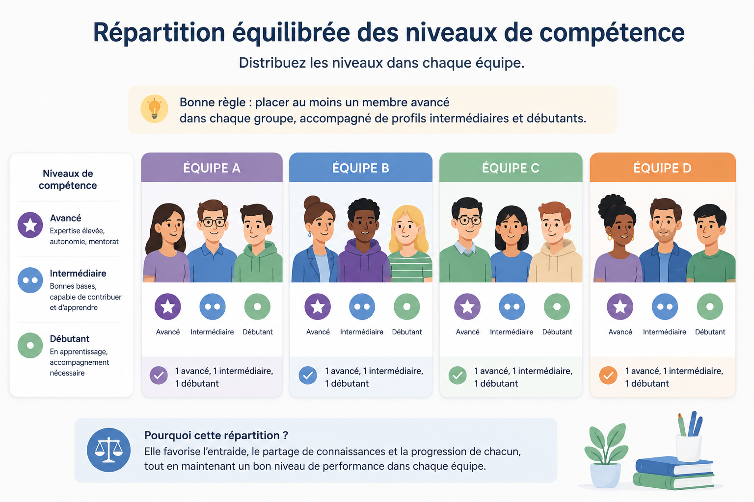 Diagramme montrant la répartition de niveaux de compétence dans plusieurs équipes équilibrées