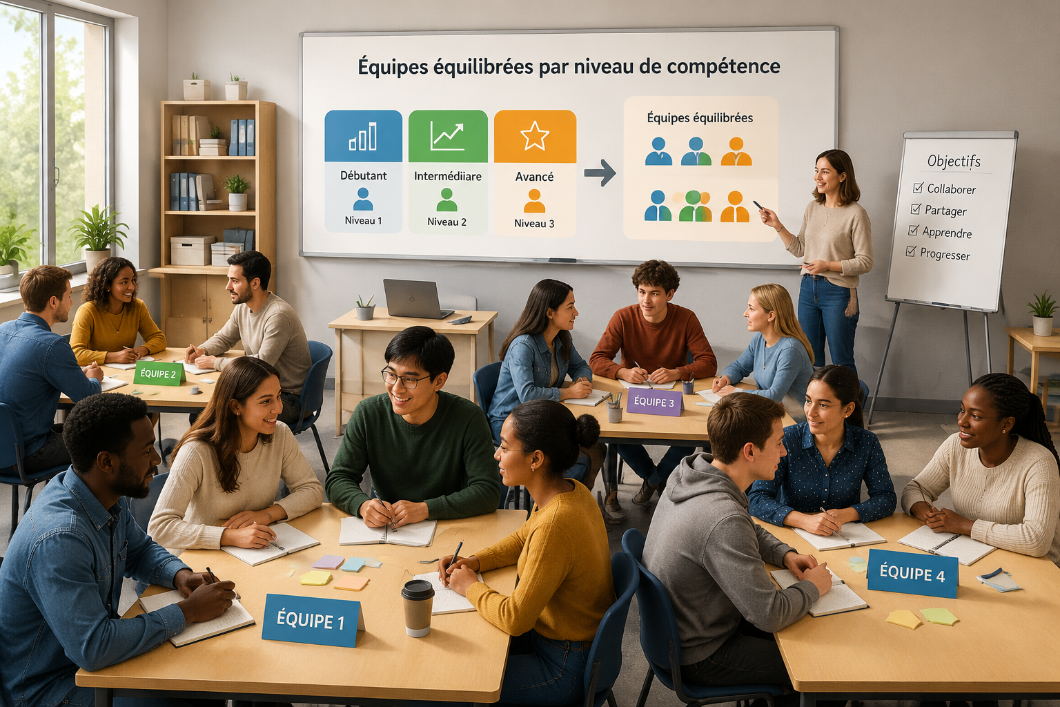 Illustration d’une salle de classe ou atelier avec des groupes de personnes répartis en équipes équilibrées autour de tables de travail