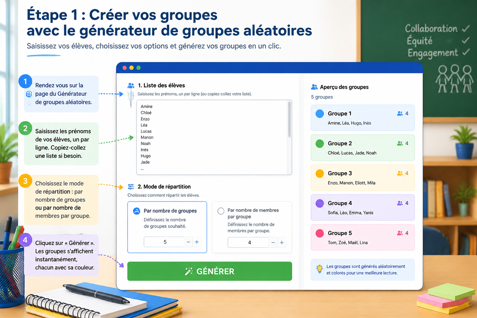 Le champ de saisie de noms sur le générateur, avec les options de sélection du nombre de groupes et du nombre de membres par groupe, et le bouton Générer bien en évidence.