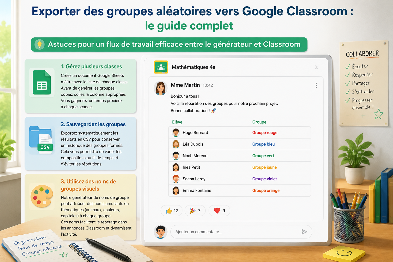Un aperçu d'une annonce Google Classroom affichant la liste des groupes exportés, avec le nom des élèves et le nom du groupe (par exemple 'Groupe rouge'), et des réactions d'élèves sous le message.