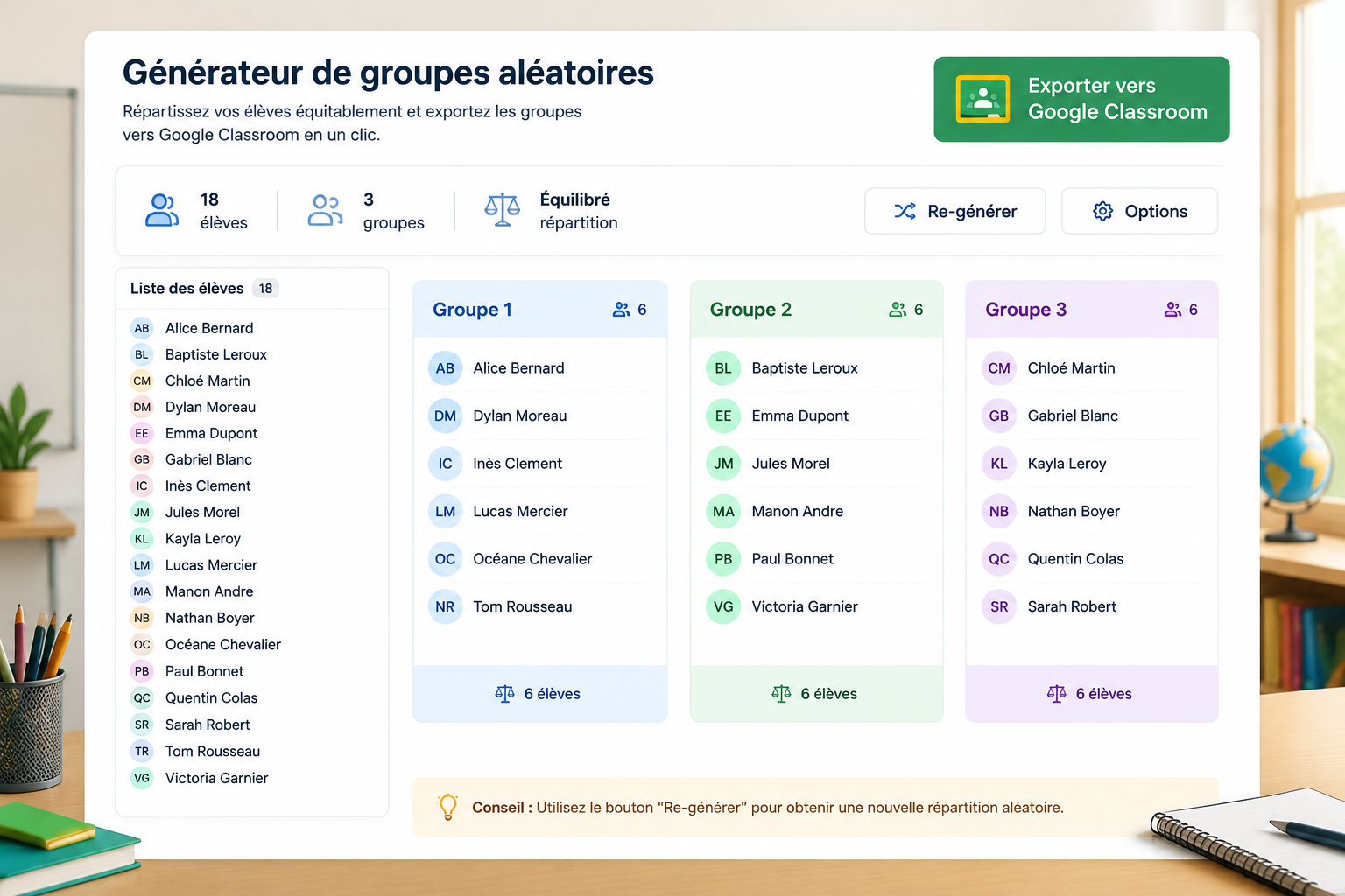 Une interface claire de générateur de groupes affichant une liste d'élèves répartis en trois groupes de différentes couleurs, avec un bouton d'export visible.