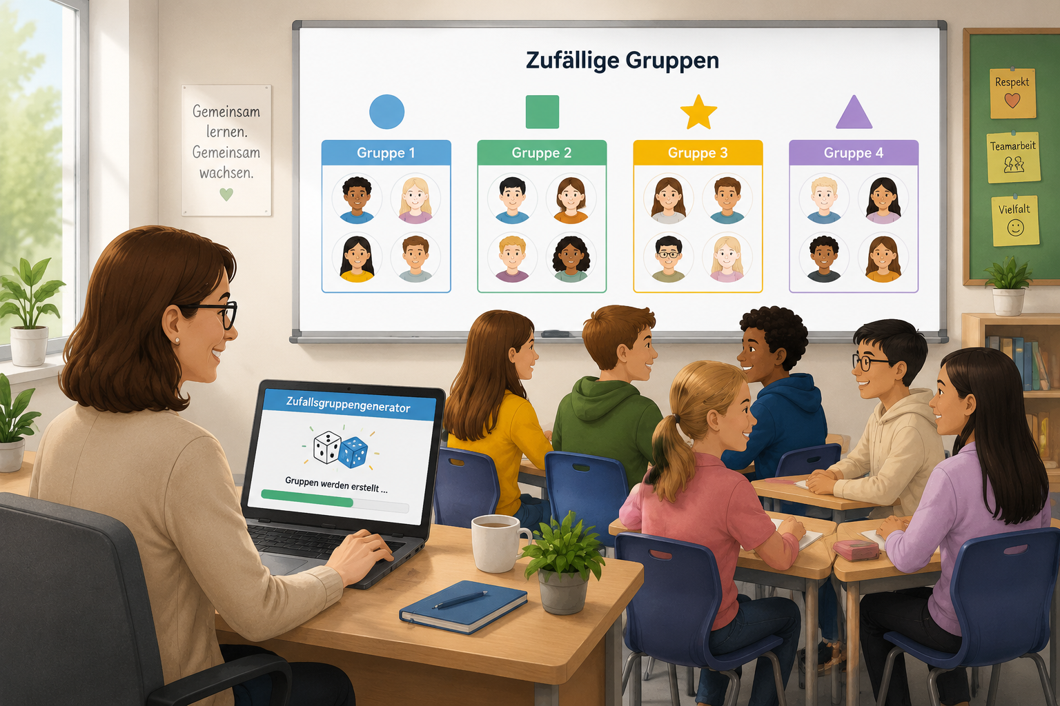 Eine Lehrkraft teilt per Laptop eine Klasse von Schülern in zufällige Gruppen ein, bunte Symbole zeigen die Gruppenzugehörigkeit, klare und freundliche Illustration.