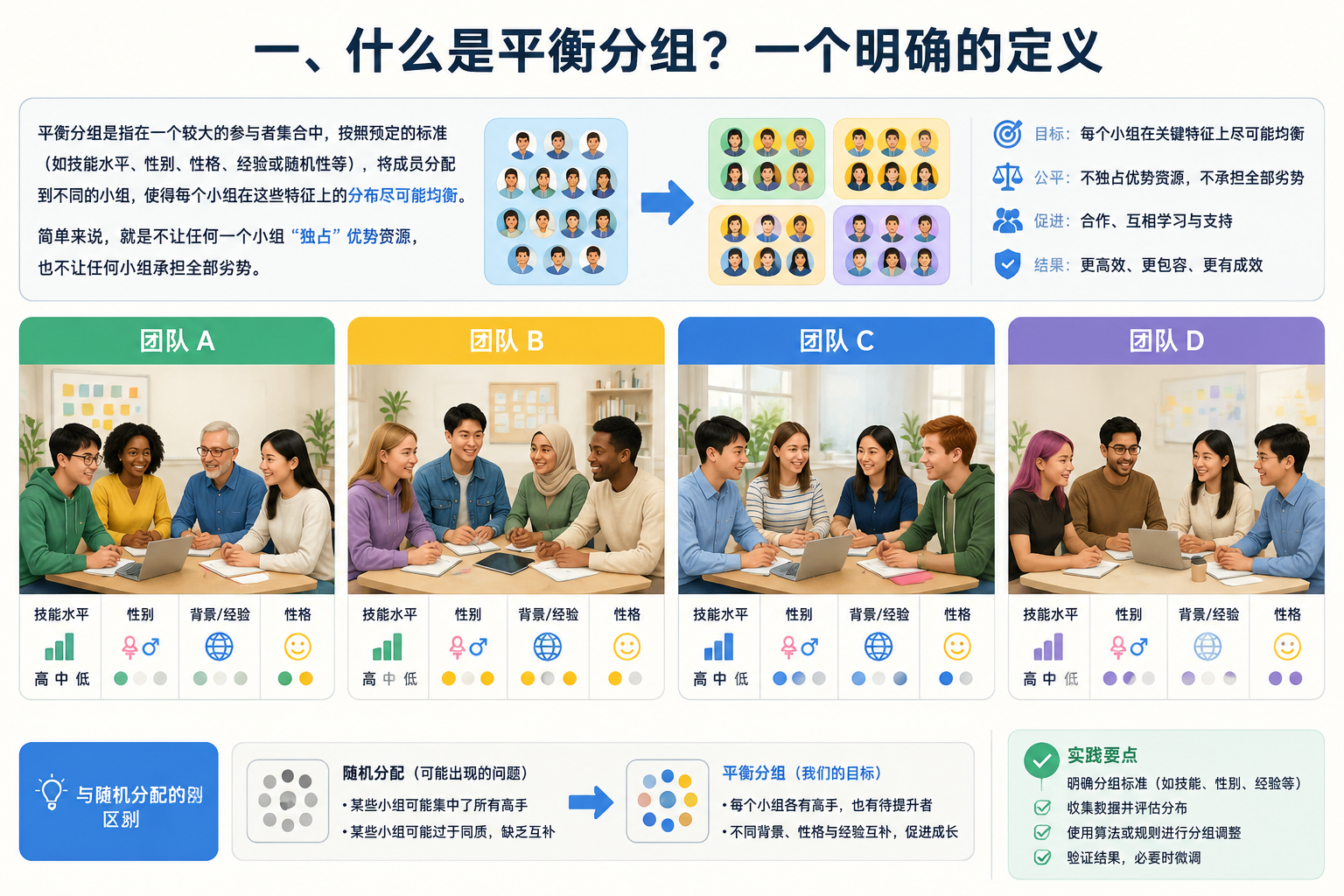 A diverse group of people divided into four balanced teams, each with an equal mix of skill levels and backgrounds, illustrated as a clean infographic.