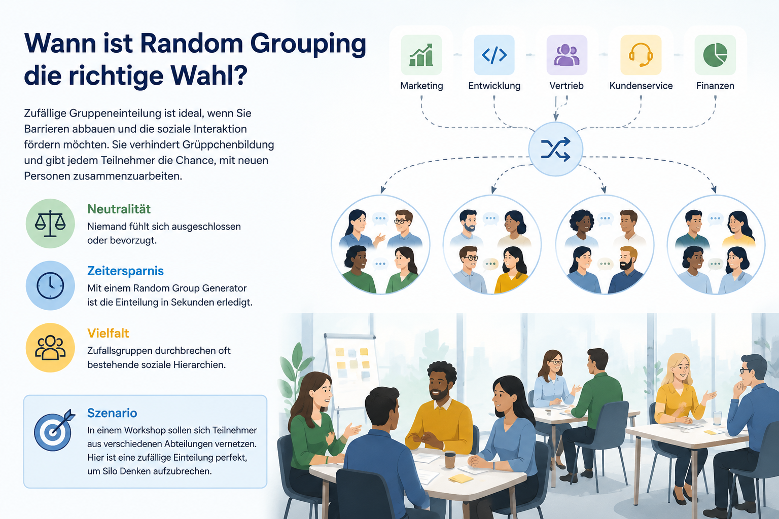 editorial knowledge graph illustration about Wann ist Random Grouping die richtige Wahl?. Section context: Zufällige Gruppeneinteilung ist ideal, wenn Sie Barrieren abbauen und die soziale Interaktion fördern möchten. Sie verhindert Grüppchenbildung und gibt j