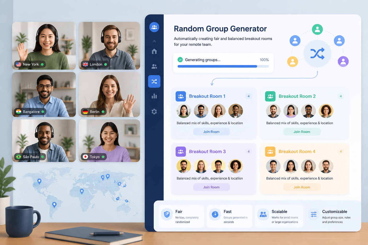 Remote team members in different locations connected via video calls being automatically grouped into breakout rooms on a digital dashboard interface