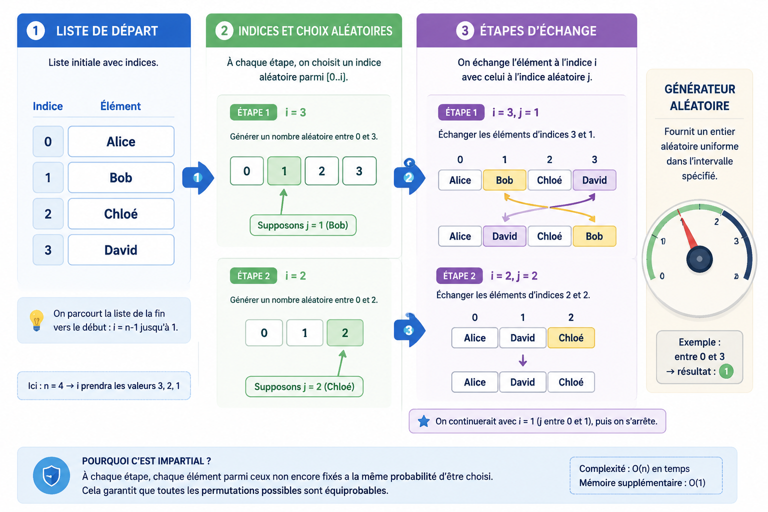 Diagramme en trois colonnes montrant la liste de départ, les indices, et les étapes d’échange, avec des flèches numérotées et un cadran de générateur aléatoire. Style épuré et scolaire.
