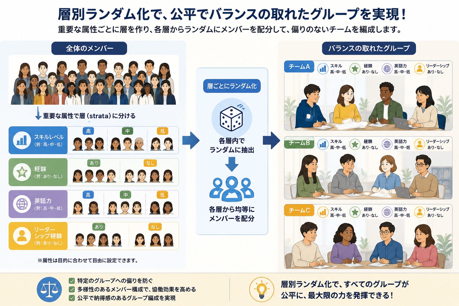 An illustration showing a diverse group of people being divided into balanced teams, with visual layers representing skill levels and attributes.