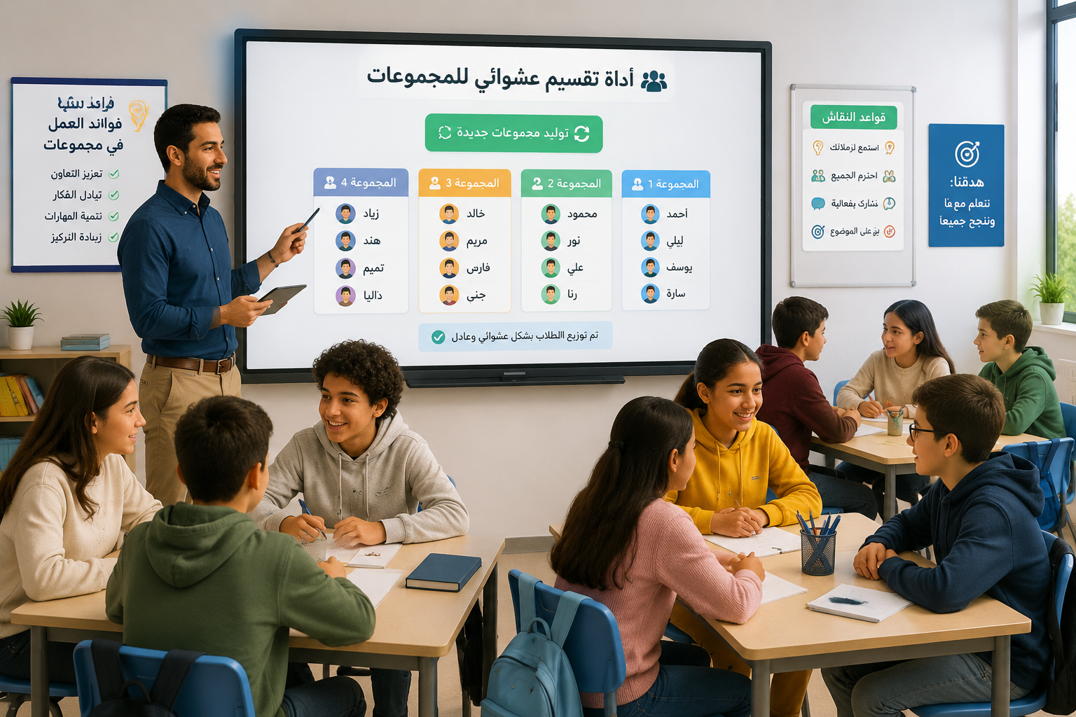 رسم توضيحي لمعلم يستخدم جهازاً لوحياً أمام سبورة ذكية تعرض أداة تقسيم عشوائي للطلاب إلى مجموعات داخل فصل دراسي مليء بالطلاب المتفاعلين
