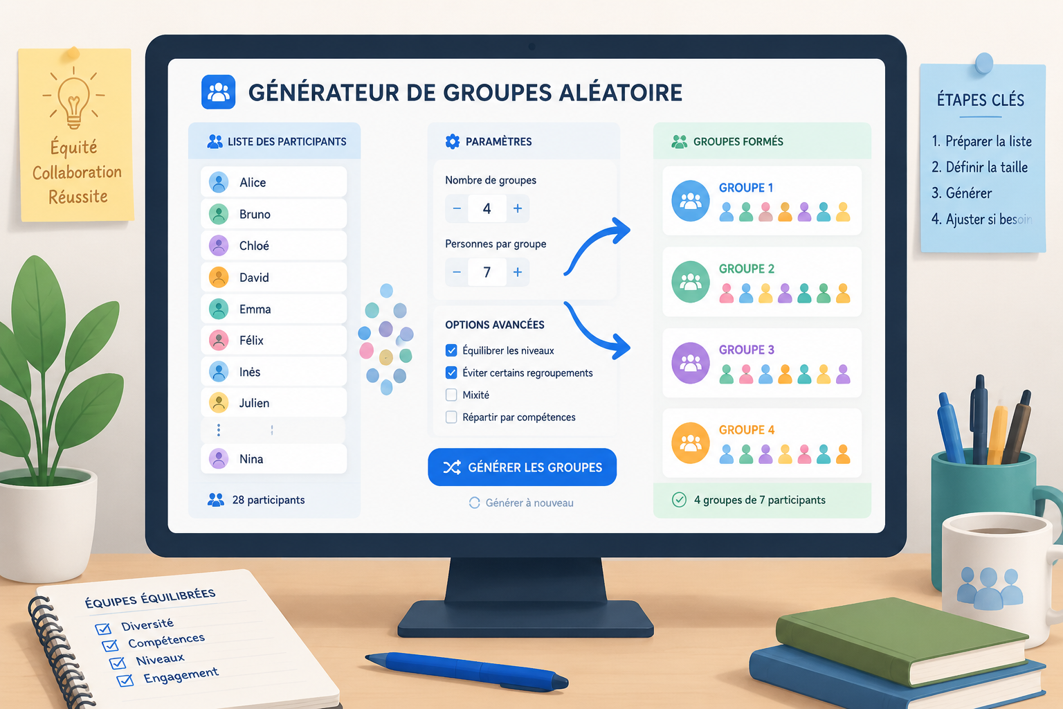 Schéma épuré montrant un écran d’ordinateur avec un générateur de groupes, une liste de noms à gauche et des groupes formés à droite, avec des flèches symbolisant l’action de mélange aléatoire