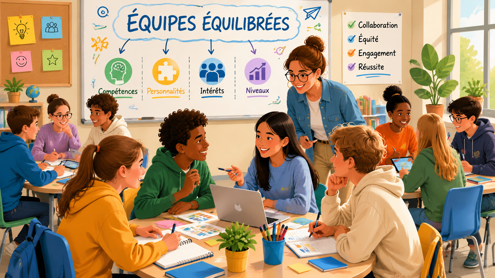 Illustration colorée d’une salle de classe où des groupes équilibrés d’élèves travaillent autour de tables, symbolisant la diversité des compétences et une répartition harmonieuse