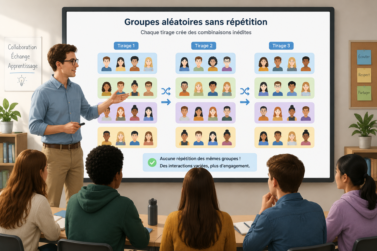 Illustration montrant un enseignant devant un écran qui crée des groupes d’élèves colorés, chaque nouveau tirage formant des combinaisons inédites, symbolisées par des flèches de permutation