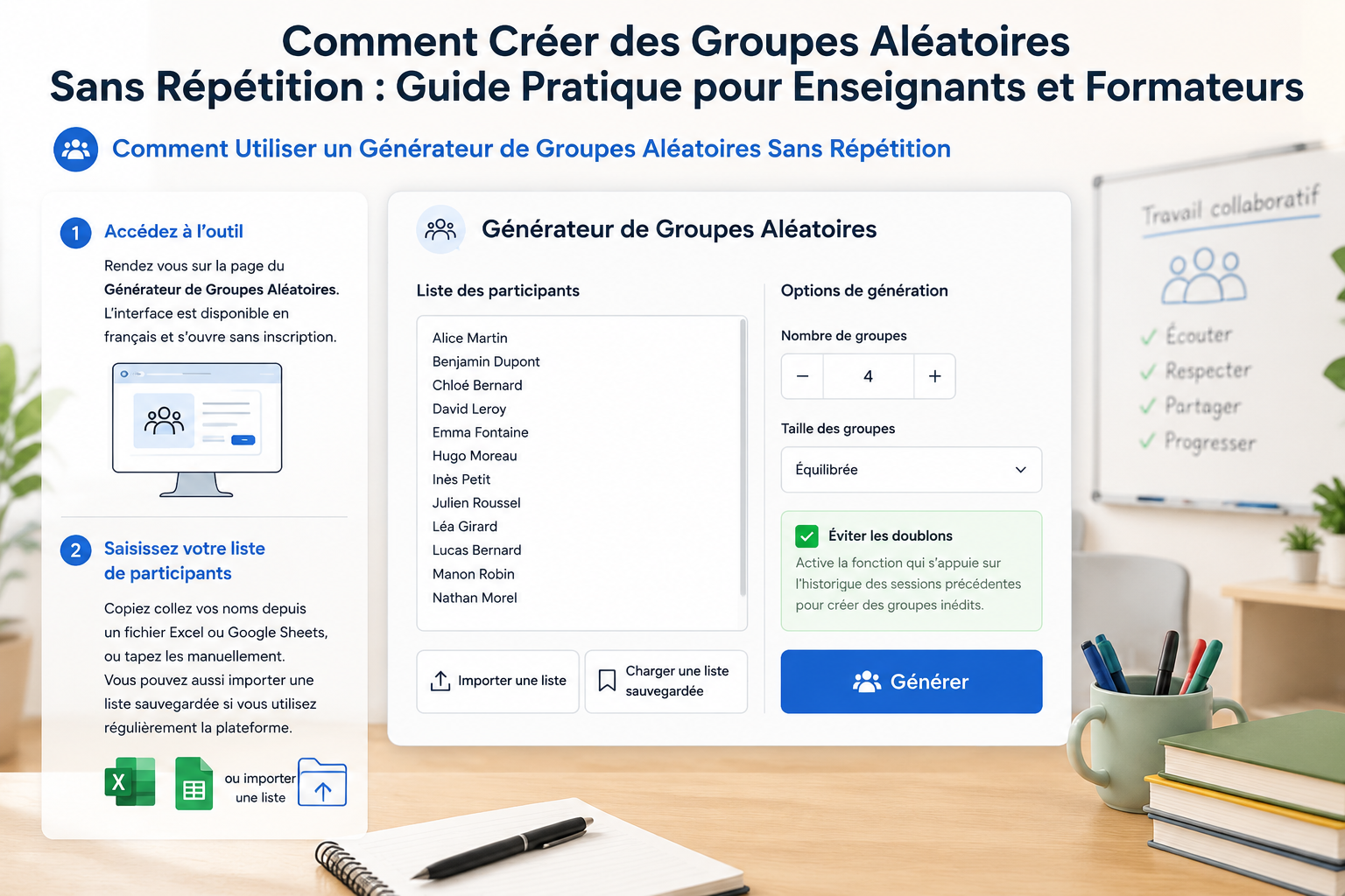 Interface épurée d’un générateur de groupes avec une case à cocher « Éviter les doublons » activée, une zone de liste de noms et un bouton « Générer »