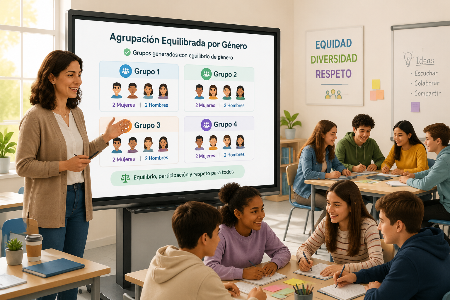 Illustration of a teacher at a digital screen showing a gender-balanced grouping result, with students of mixed genders in collaborative activities in the background