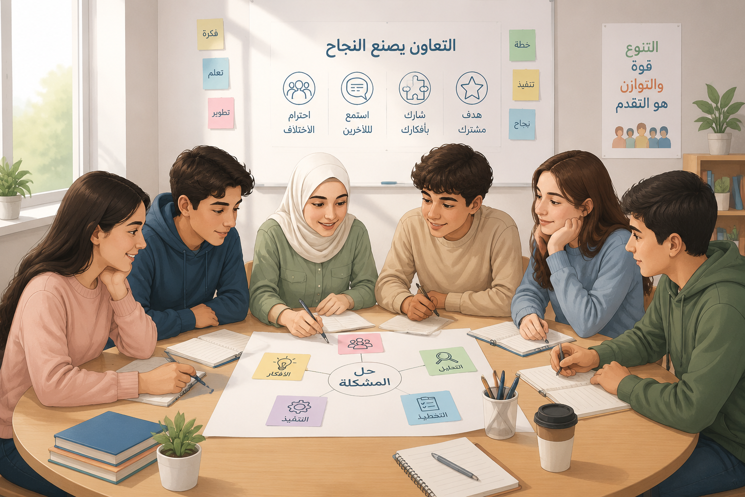 رسم توضيحي لمجموعة مكونة من 6 طلاب حول طاولة، ثلاثة بنين وثلاث بنات يتعاونون في حل نشاط تعليمي، بألوان هادئة
