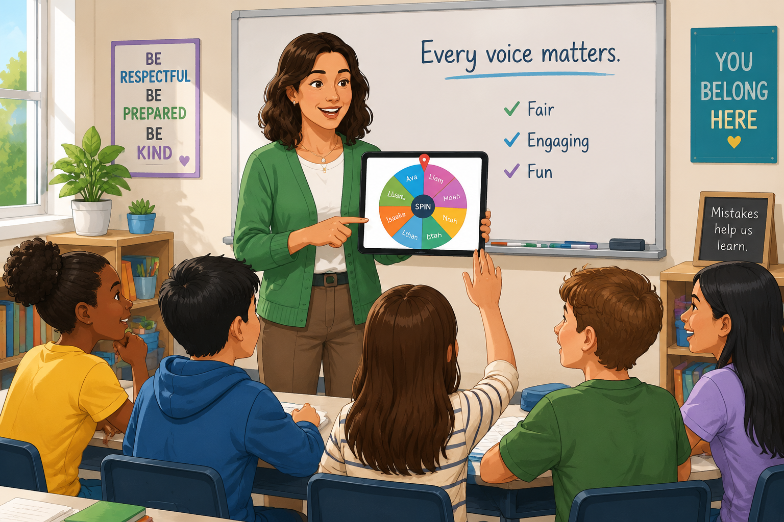 A teacher stands in front of a diverse classroom, holding a tablet displaying a spinning wheel with student names. Students look engaged and curious. Bright, friendly illustration in a school setting.