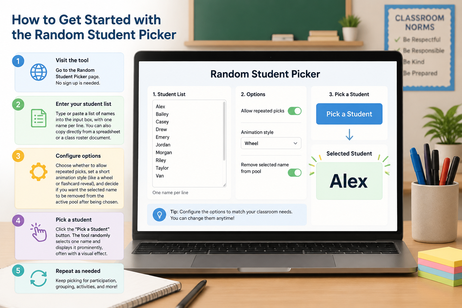 A clean instructional diagram showing a computer screen with the random student picker interface. The screen displays a name entry field, a large "Pick" button, and a result area showing the name "Alex" in bold. No branding, just functional UI elements.