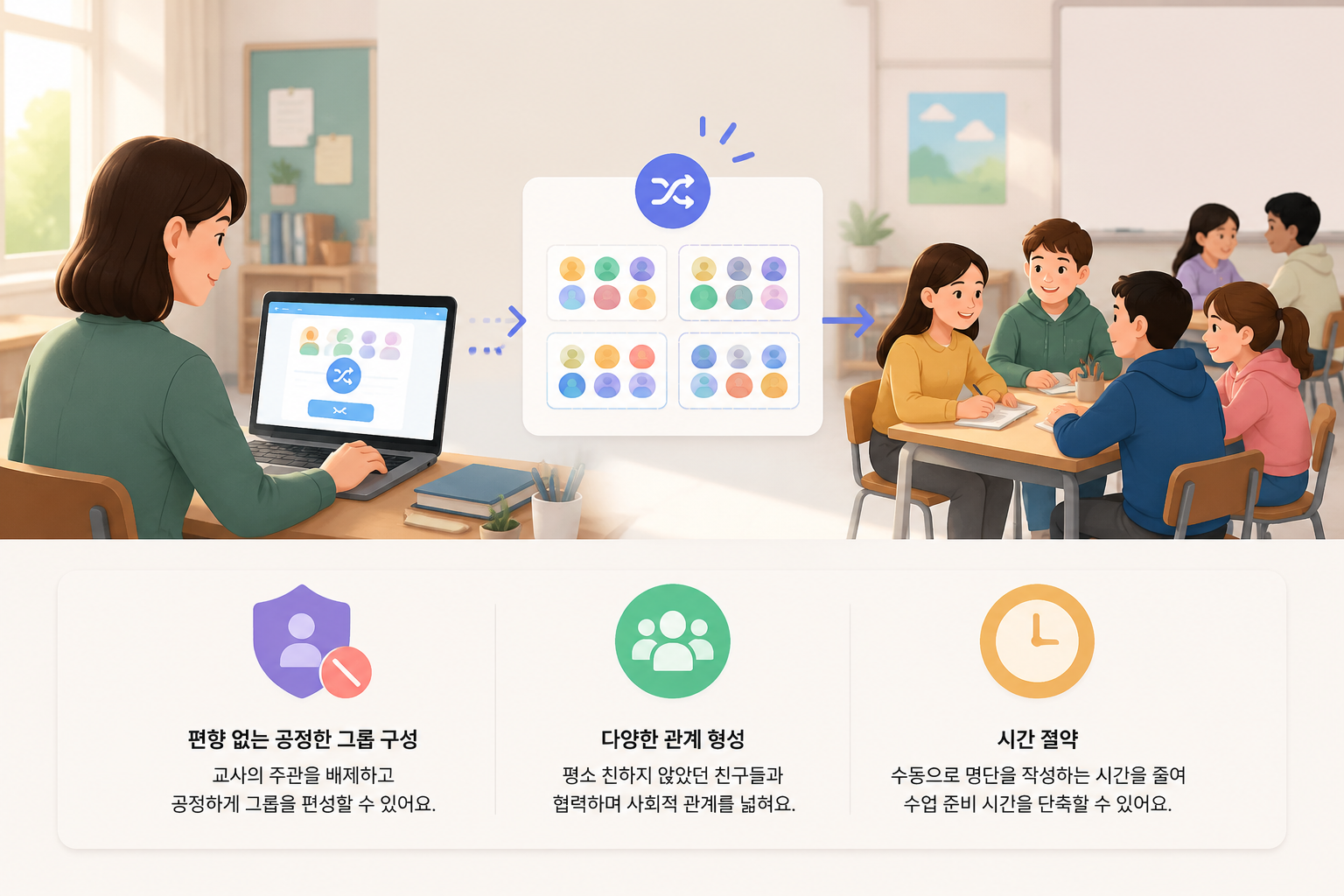 editorial article hero illustration about 랜덤 그룹 생성기를 사용하면 어떤 장점이 있나요?, locale ko, soft light, minimal text, clear subject, web article image