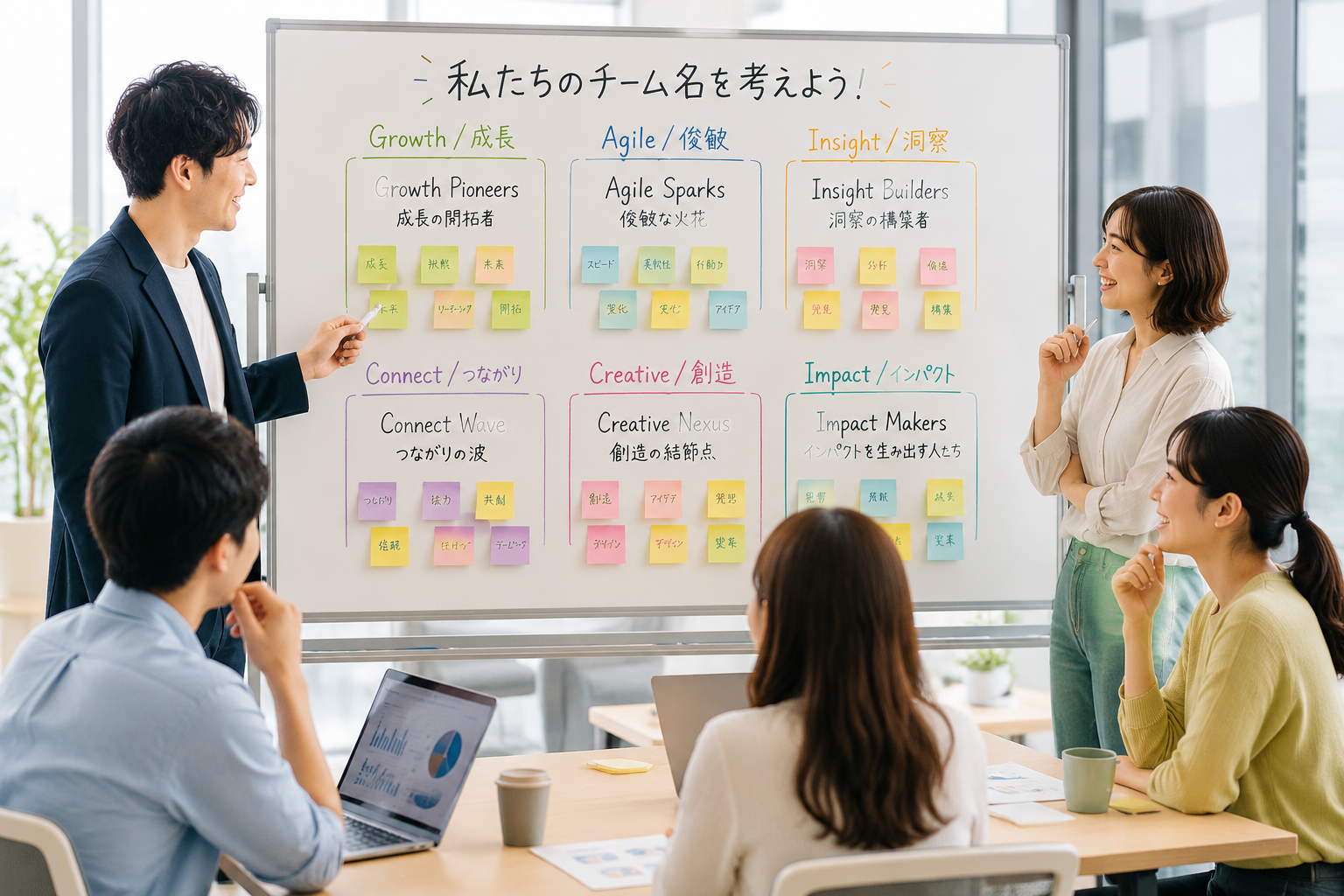 Modern office team brainstorming around a whiteboard showing creative team names and sticky notes organized into clusters
