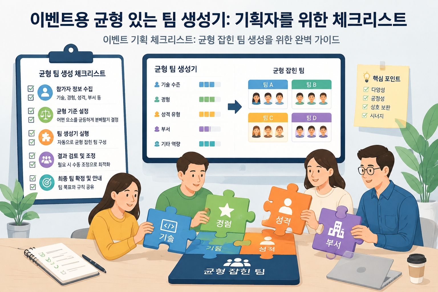 An illustration of event planning with balanced team grouping, showing colorful puzzle pieces coming together to form balanced teams, with a checklist and computer screen in the background, clean instructional style.